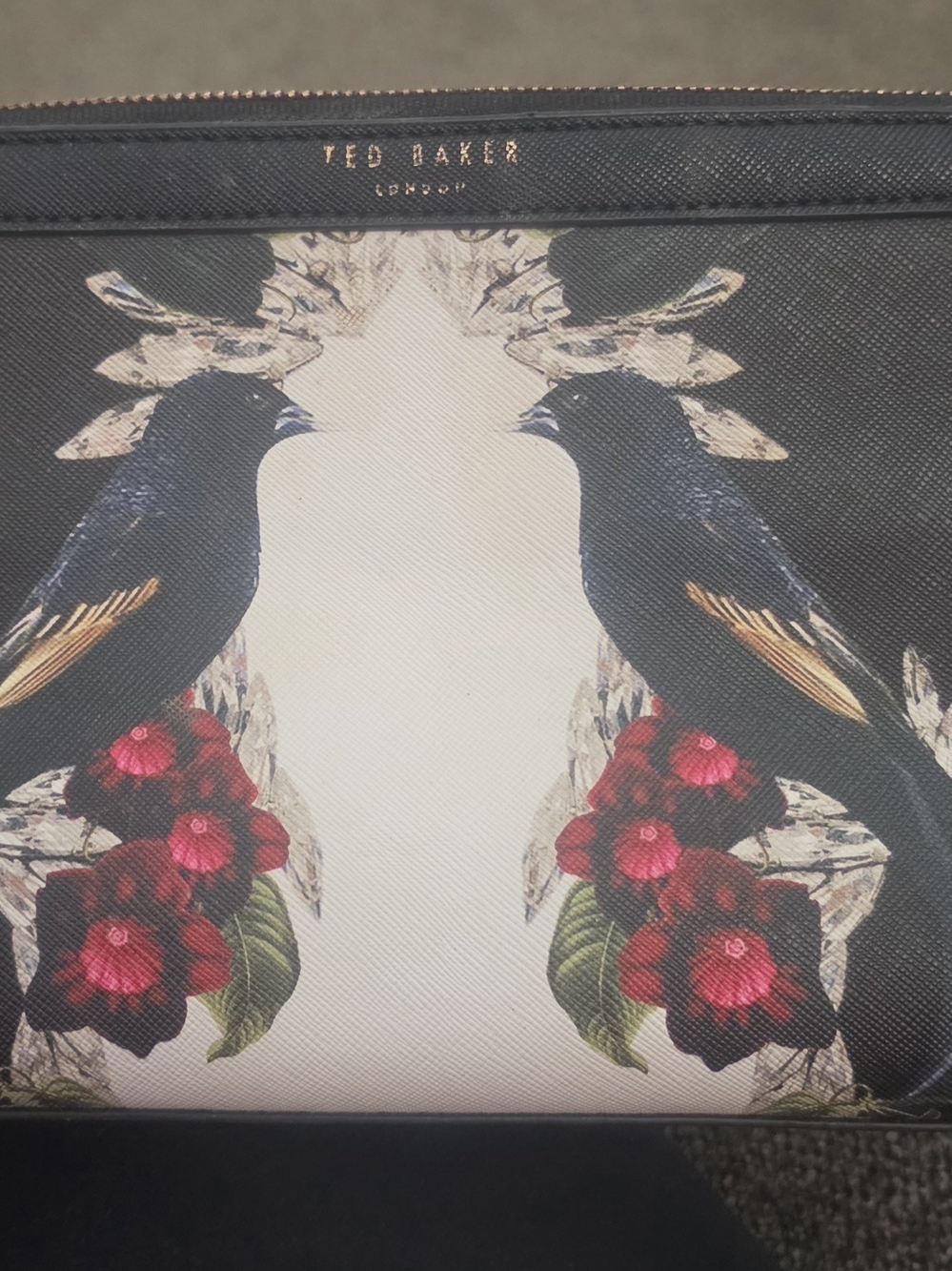 RARE Ted Baker Black Floral Bird Toiletry Zip Pouch